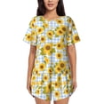 thumbnail image 1 of Sikiie Blue White Plaid Sunflower Womens Pajama Sets Short Sleeve Top With Pants Sleepwear 2 Piece Lounge SetSmall, 1 of 6