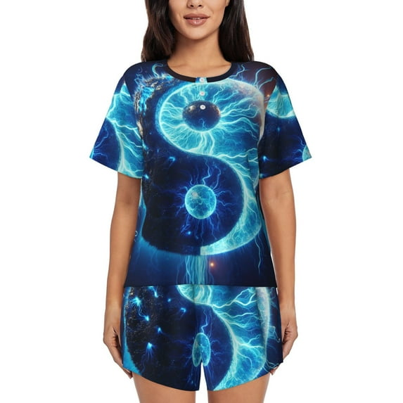 Sikiie Blue Yin And Yang Womens Pajama Sets Short Sleeve Top With Pants Sleepwear 2 Piece Lounge Set-Small