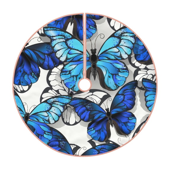 Sikiie Blue and White Butterflies Nativity Christmas Tree Skirt, Jesus Christian Winter Holiday Tree Mat Decoration(30-48IN)30"