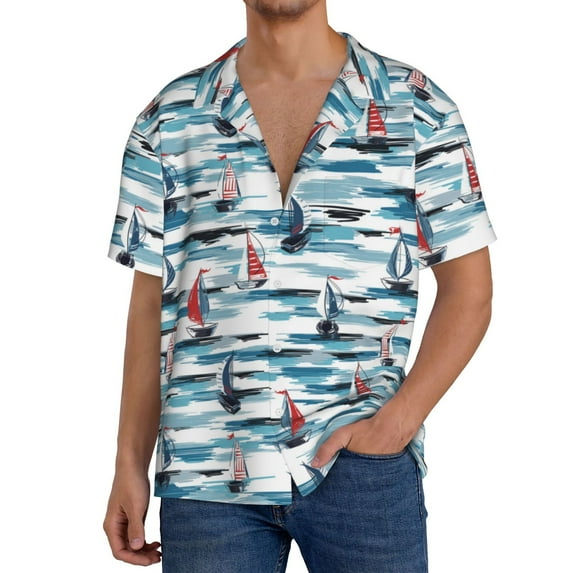 Sikiie Boat In Ocean Men's Wrinkle Free Untucked Cuban Shirt Business Casual Button Down Shirts Short Sleeve ShirtMedium