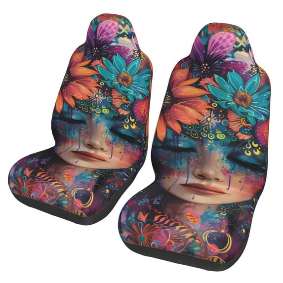 Sikiie Bohemian Colorful Flower Woman Car Seat Protector 2 Pack Car Seat Cushion Mat, Car Seat Covers for SUV, Truck, Van