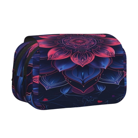 Sikiie Bohemian Vintage Pattern Print Flip Double-layer Pencil Case, All-purpose Stationery Bag for Study and Office, Zipper Design, Unisex