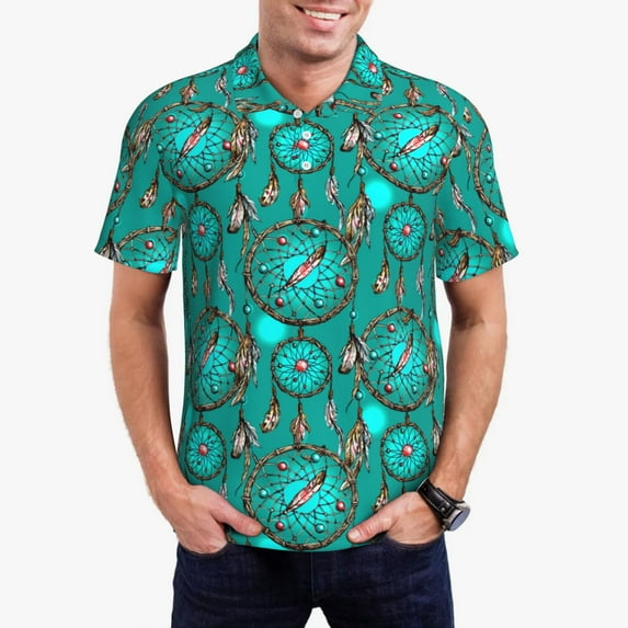 Sikiie Boho Dreamcatcher Print Men's Short-sleeved POLO Shirts, Button-down Shirts and T-shirts are Suitable for Vacation, Leisure and Business-3X-Large