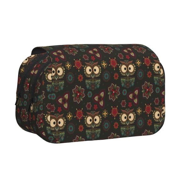 Sikiie Boho Owl Print Flip Double-layer Pencil Case, All-purpose Stationery Bag for Study and Office, Zipper Design, Unisex