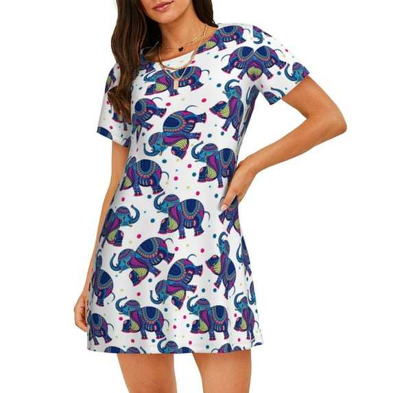 Sikiie Boho elephant Print Women's Short-sleeved Nightdress, Round Neck Pullover Nightdress Pajamas Summer Home Wear