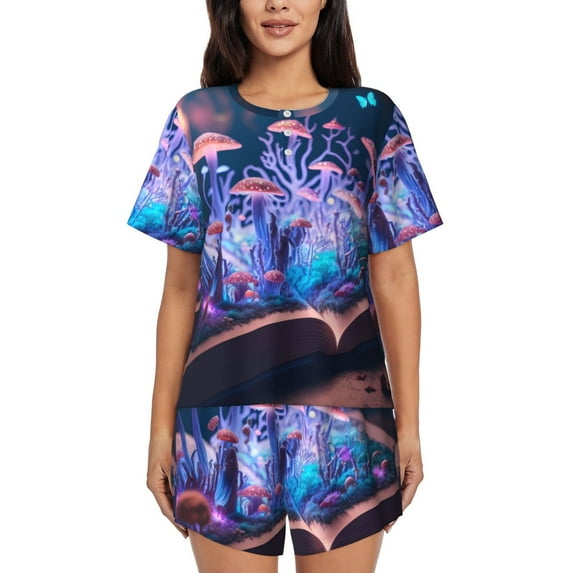 Sikiie Book Glowing Mushrooms Womens Pajama Sets Short Sleeve Top With Pants Sleepwear 2 Piece Lounge SetSmall