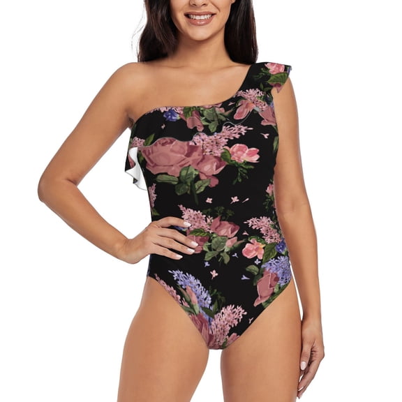 Sikiie Bouquet Print Women One Piece Swimsuits Tummy Control One Shoulder Bathing Suits Ruffle Swimwear, From S to XXL-X-Large