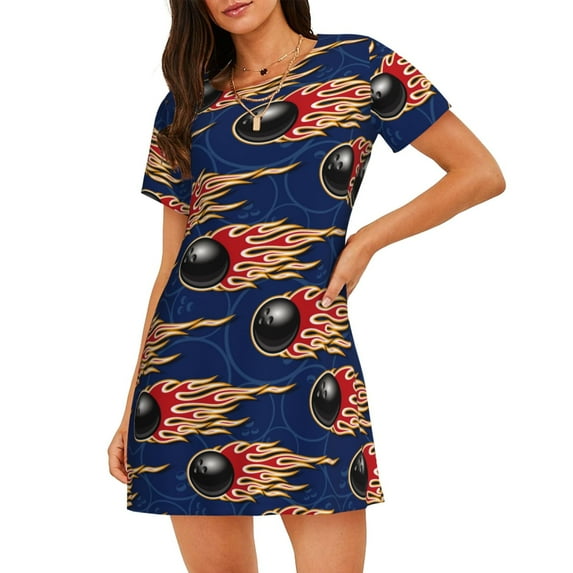Sikiie Bowling Ball And Flame Print Women's Short-sleeved Nightdress, Round Neck Pullover Nightdress Pajamas Summer Home Wear