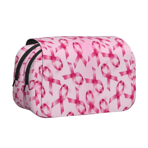 Sikiie Breast Cancer Ribbons Awareness Print Flip Double-layer Pencil Case, All-purpose Stationery Bag for Study and Office, Zipper Design, Unisex