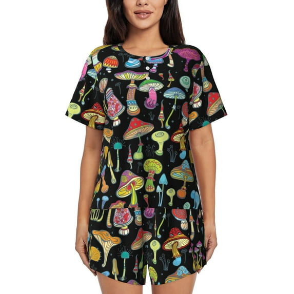 Sikiie Bright Mushrooms Womens Pajama Sets Short Sleeve Top With Pants Sleepwear 2 Piece Lounge SetXX-Large