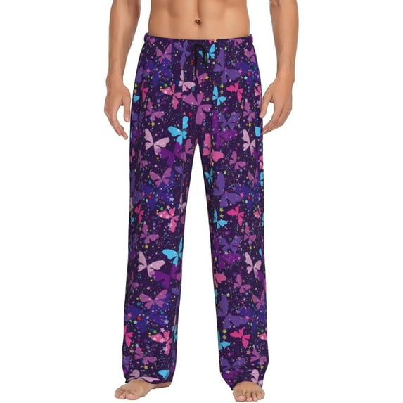 Sikiie Bright Purple Butterflies Pajama Pants Men, PJ Bottoms, Sleep & Lounge Pants-X-Large