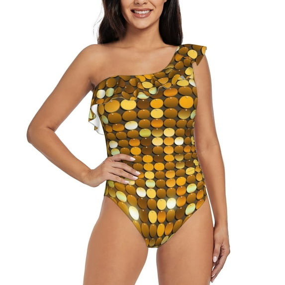 Sikiie Bright Shiny Golden Print Women One Piece Swimsuits Tummy Control One Shoulder Bathing Suits Ruffle Swimwear, From S to XXL-Large