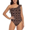 thumbnail image 1 of Sikiie Brown Gold Grid Print Women One Piece Swimsuits Tummy Control One Shoulder Bathing Suits Ruffle Swimwear, From S to XXL-Small, 1 of 6
