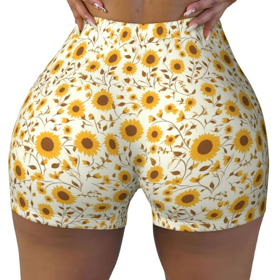 Sikiie Brown Leaf Sunflower Print Workout Shorts Women Scrunch Butt Gym Shorts Seamless High Waist Tummy Control Yoga Biker Athletic Shorts