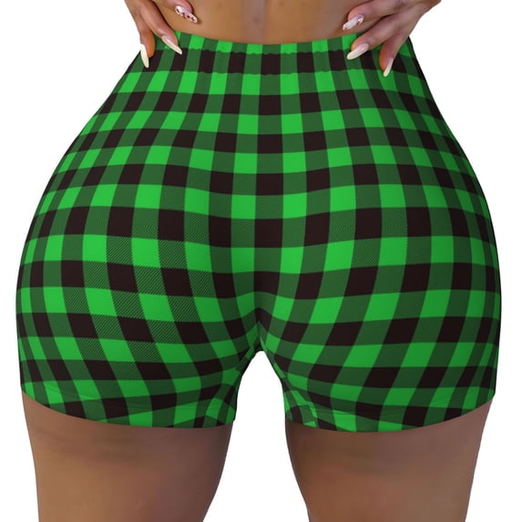 Sikiie Buffalo Plaid Green Black Print Workout Shorts Women Scrunch Butt Gym Shorts Seamless High Waist Tummy Control Yoga Biker Athletic Shorts