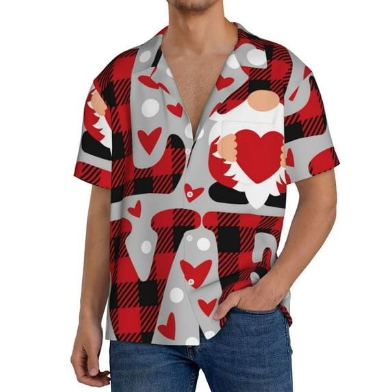 Sikiie Buffalo Plaid Love And Gnome Men's Wrinkle Free Untucked Cuban Shirt Business Casual Button Down Shirts Short Sleeve ShirtSmall