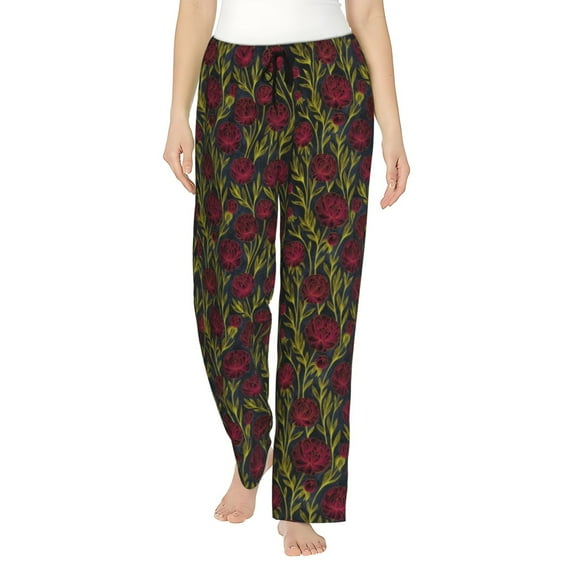Sikiie Burgundy Peony Flowers Women’s Lounge Pants, Lounge Pants Sleep Bottoms, Lounge for Women, Womens Pajama Pants -Medium
