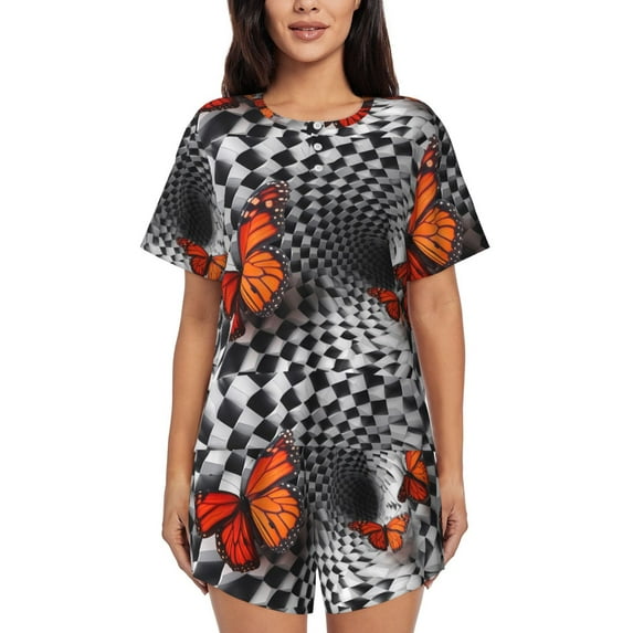 Sikiie Butterflies Optical Illusion Womens Pajama Sets Short Sleeve Top With Pants Sleepwear 2 Piece Lounge Set-Large