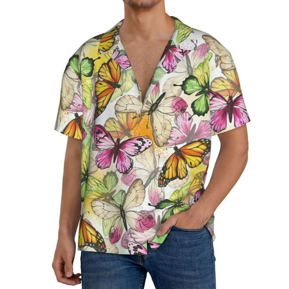 Sikiie Butterflies2 Men's Wrinkle Free Untucked Cuban Shirt Business Casual Button Down Shirts Short Sleeve ShirtXX-Large
