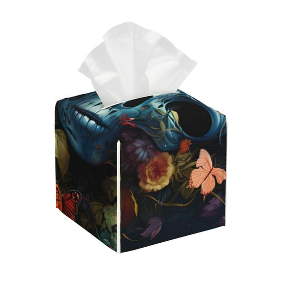 Sikiie Butterfly Flower Skull A Leather Tissue Box Cover Square, tissue box holder, Tissue Box with Bottom Belt-5.2”x5.2”x5.2”