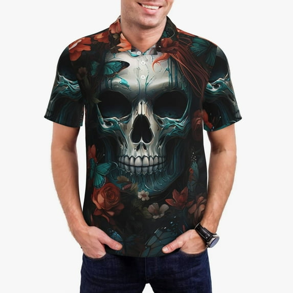 Sikiie Butterfly Flower Skull Print Men's Short-sleeved POLO Shirts, Button-down Shirts and T-shirts are Suitable for Vacation, Leisure and Business-XX-Large