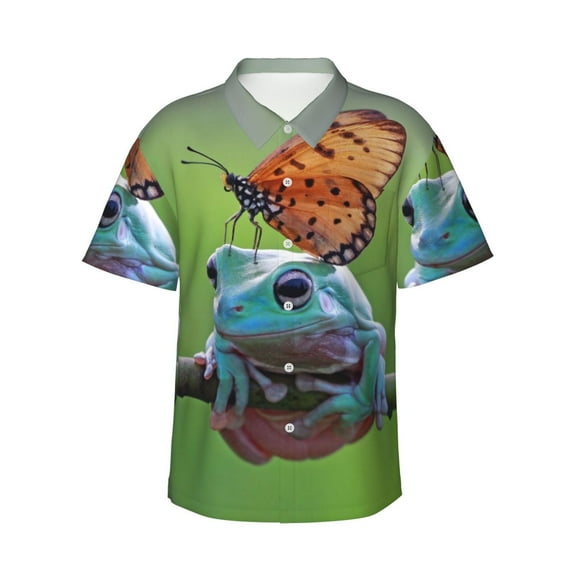 Sikiie Butterfly Landing On Head Dumpy Frog Print Men's Hawaiian Shirt, Summer Beach Button Pocket Short Sleeve T-Shirt,3X-Large
