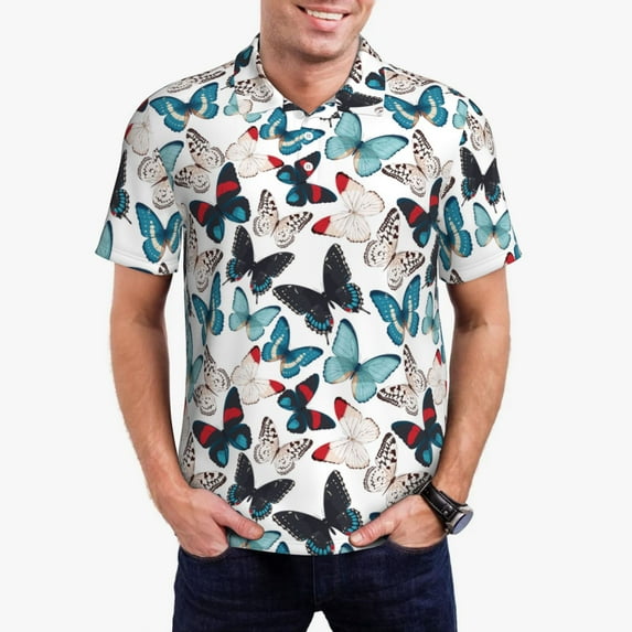 Sikiie Butterfly Print Men's Short-sleeved POLO Shirts, Button-down Shirts and T-shirts are Suitable for Vacation, Leisure and Business-XX-Large