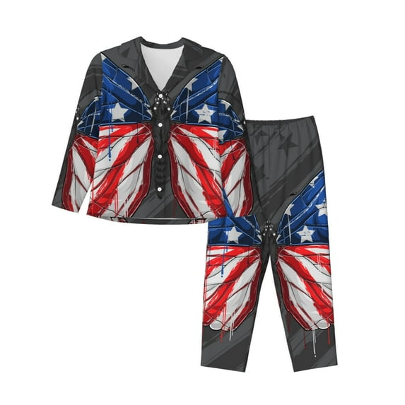 Sikiie Butterfly With USA Flag Women's Long-Sleeve Shirt and Full-Length Bottom Pajama Set (s-xxl)-XX-Large