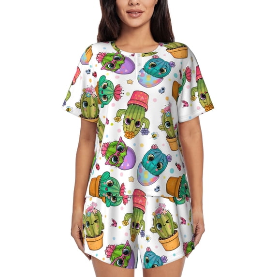 Sikiie Cactus And Insects Womens Pajama Sets Short Sleeve Top With Pants Sleepwear 2 Piece Lounge SetXX-Large