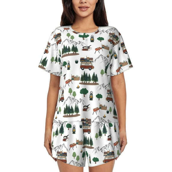 Sikiie Camping Caravan 2 Womens Pajama Sets Short Sleeve Top With Pants Sleepwear 2 Piece Lounge SetMedium