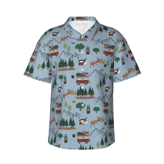Sikiie Camping Caravan Print Men's Hawaiian Shirt, Summer Beach Button Pocket Short Sleeve T-Shirt,