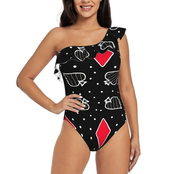 Sikiie Card Suits Print Women One Piece Swimsuits Tummy Control One Shoulder Bathing Suits Ruffle Swimwear, From S to XXL-Medium