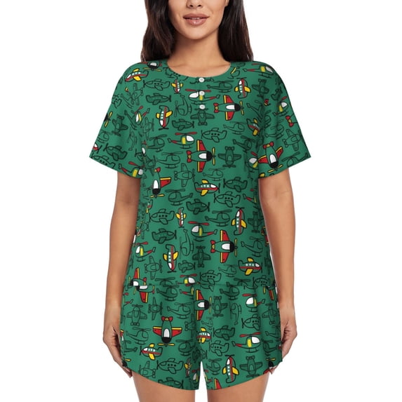 Sikiie Cartoon Air Transportation Womens Pajama Sets Short Sleeve Top With Pants Sleepwear 2 Piece Lounge SetMedium