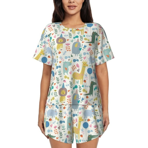 Sikiie Cartoon Animals Womens Pajama Sets Short Sleeve Top With Pants Sleepwear 2 Piece Lounge Set-XX-Large