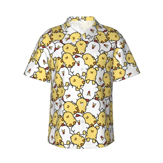 Sikiie Cartoon Chicken Print Men's Hawaiian Shirt, Summer Beach Button Pocket Short Sleeve T-Shirt,Medium