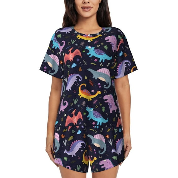 Sikiie Cartoon Dinosaur Womens Pajama Sets Short Sleeve Top With Pants Sleepwear 2 Piece Lounge Set4X-Large