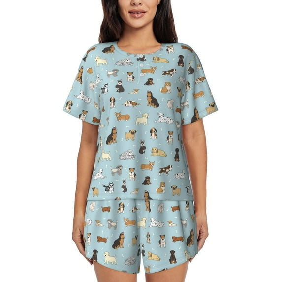 Sikiie Cartoon Doodle Puppy Womens Pajama Sets Short Sleeve Top With Pants Sleepwear 2 Piece Lounge Set4X-Large