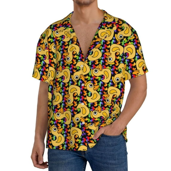 Sikiie Cartoon Ducks Men's Wrinkle Free Untucked Cuban Shirt Business Casual Button Down Shirts Short Sleeve ShirtLarge