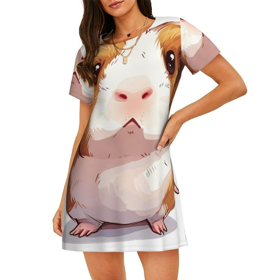 Sikiie Cartoon Guinea Pig Print Women's Short-sleeved Nightdress, Round Neck Pullover Nightdress Pajamas Summer Home Wear