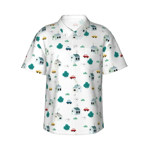 Sikiie Cartoon House Car Print Men's Hawaiian Shirt, Summer Beach Button Pocket Short Sleeve T-Shirt,X-Large