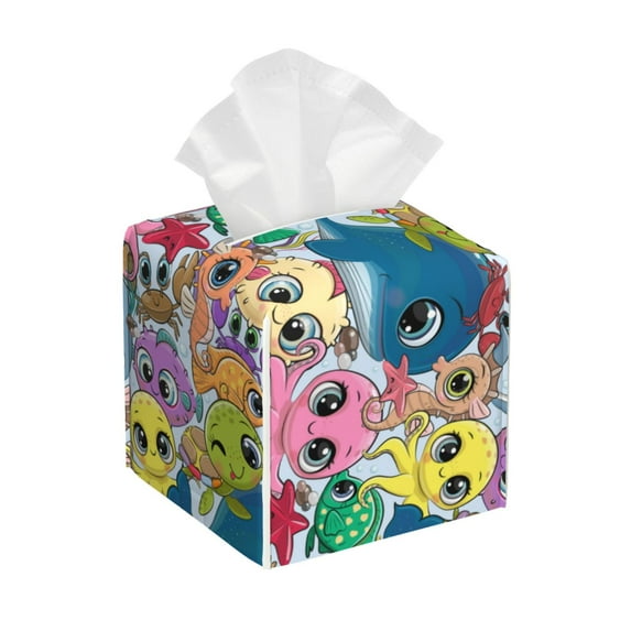 Sikiie Cartoon Marine Animals Leather Tissue Box Cover Square, tissue box holder, Tissue Box with Bottom Belt-5.2”x5.2”x5.2”