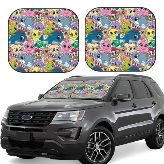 Sikiie Cartoon Marine Animals Print Foldable Car Windshield Sun Visor, Car Window Sunshade Suitable for Sedan, SUV and Truck Car Accessories-Large