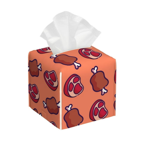 Sikiie Cartoon Meat Leather Tissue Box Cover Square, tissue box holder, Tissue Box with Bottom Belt-5.2”x5.2”x5.2”