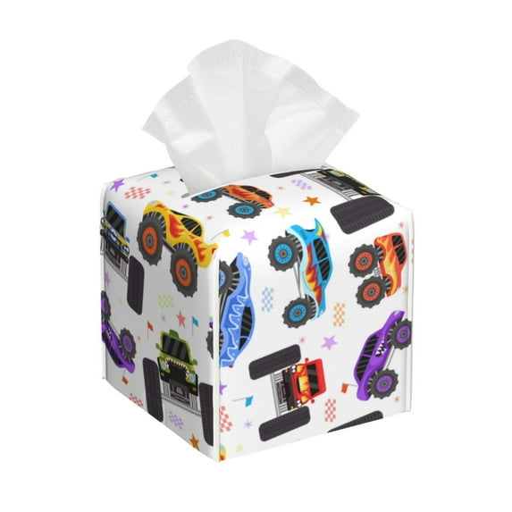 Sikiie Cartoon Monster Trucks1 Leather Tissue Box Cover Square, tissue box holder, Tissue Box with Bottom Belt-5.2”x5.2”x5.2”
