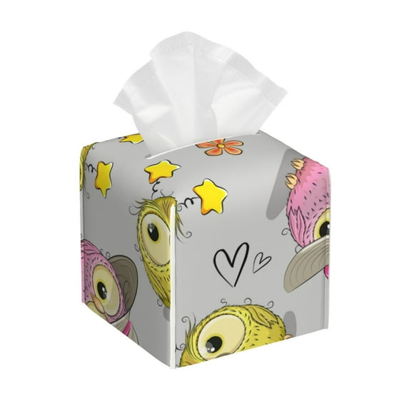 Sikiie Cartoon Owls Leather Tissue Box Cover Square, tissue box holder, Tissue Box with Bottom Belt-5.2”x5.2”x5.2”