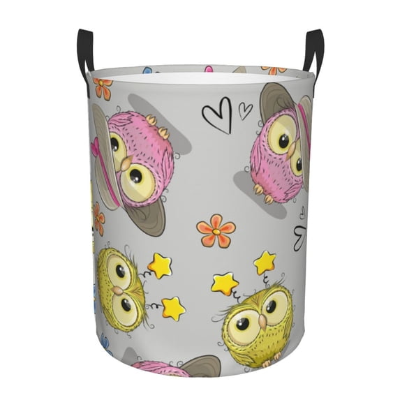 Sikiie Cartoon Owls Print Round Dirty Clothes Basket, Waterproof Standing Foldable Storage Basket, for Laundry Room, Bedroom, Bathroom Storage-Small