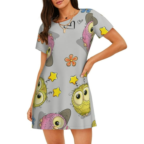 Sikiie Cartoon Owls Print Women's Short-sleeved Nightdress, Round Neck Pullover Nightdress Pajamas Summer Home Wear