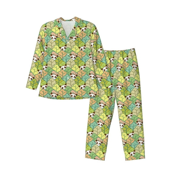 Sikiie Cartoon Panda And Leaf Mens Pajama Set, Soft Warm Long Sleeve Sleepwear, Cozy Button-Down Pjs for Men-Large
