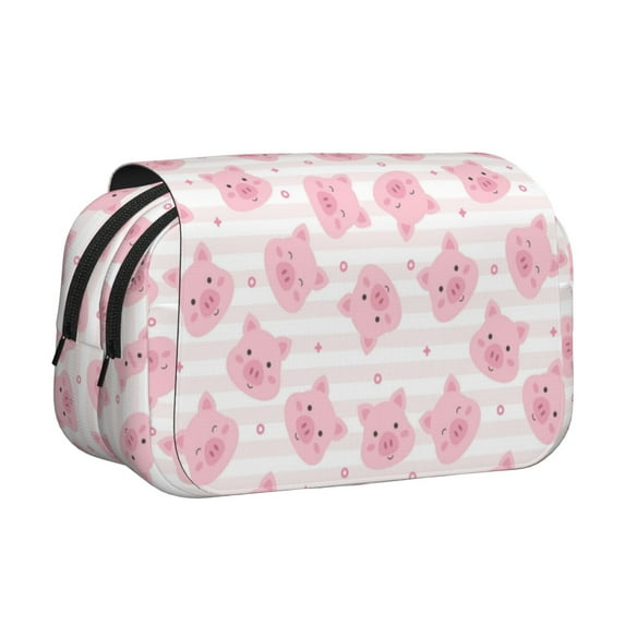 Sikiie Cartoon Pig Print Flip Double-layer Pencil Case, All-purpose Stationery Bag for Study and Office, Zipper Design, Unisex
