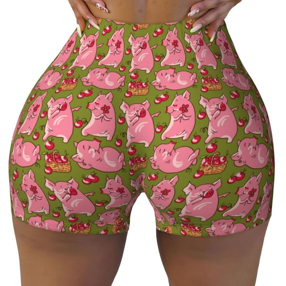 Sikiie Cartoon Pigs Print Workout Shorts Women Scrunch Butt Gym Shorts Seamless High Waist Tummy Control Yoga Biker Athletic Shorts
